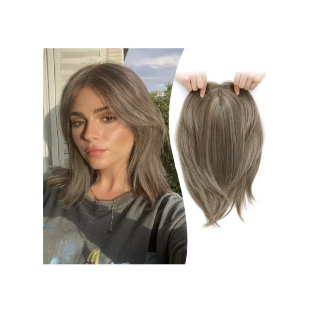 Ms Taj 12" Hair Topper Ash Light Brown Highlights Synthetic Bangs 6.5x6.5 Base
